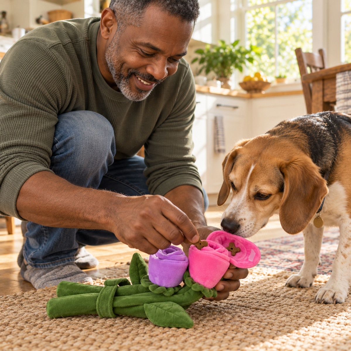 Client cachant une friandise dans le Bouquet de Roses pour son beagle