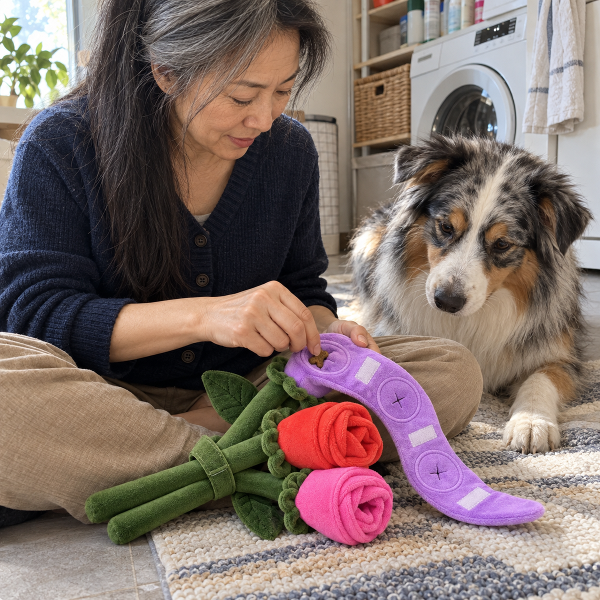 Femme cachant une friandise dans le Bouquet de Roses pour un berger australien