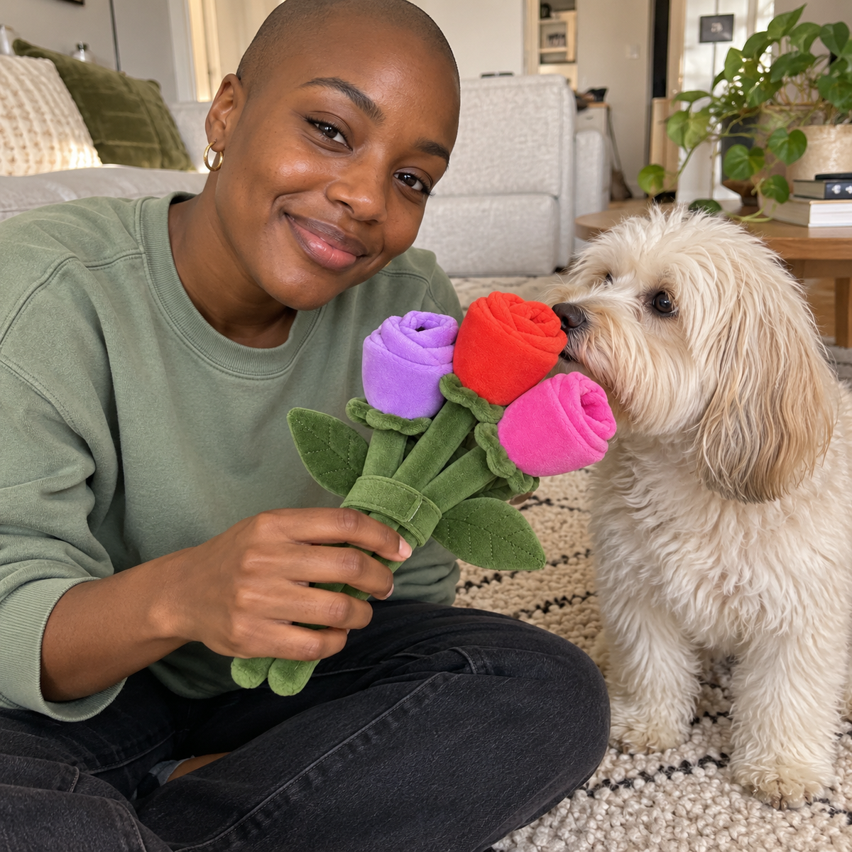 Femme tendant le Bouquet de Roses à un chien à poil frisé