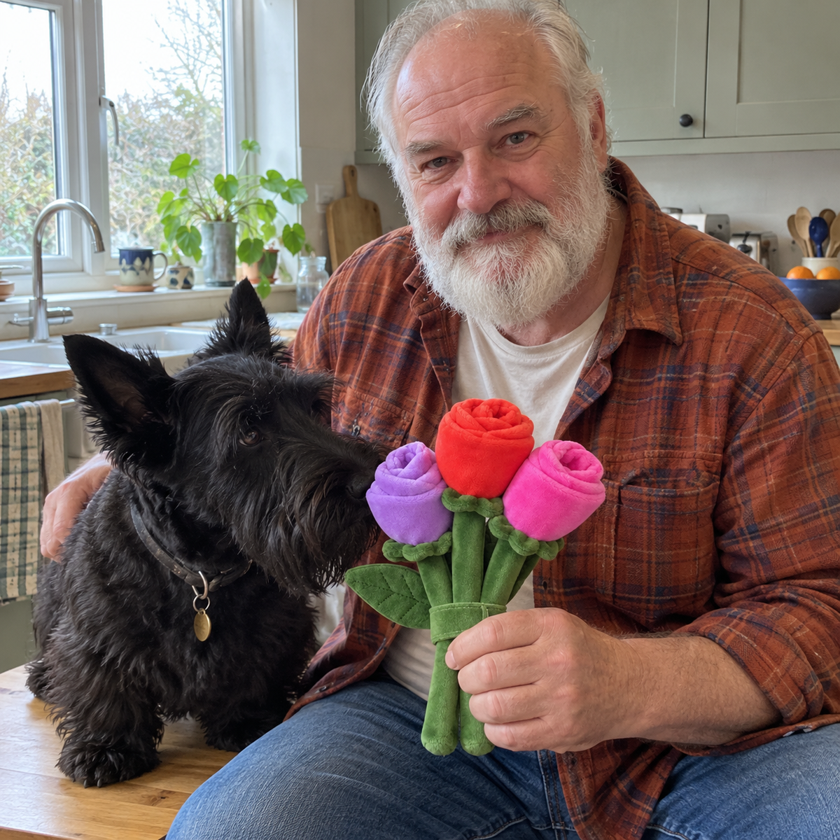 Homme tenant le Bouquet de Roses à côté d’un scottish terrier