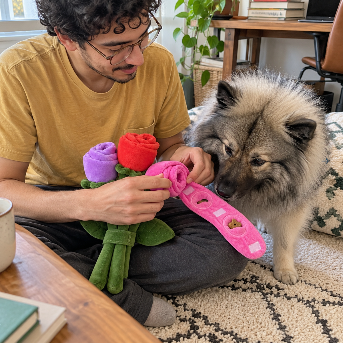 Homme garnissant le Bouquet de Roses de friandises, à côté d’un spitz-loup