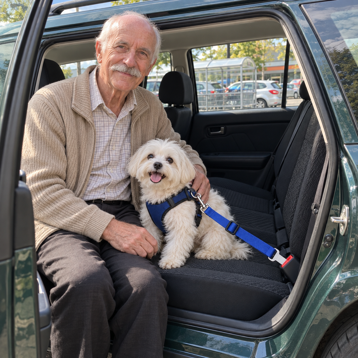 Homme assis dans la voiture avec un petit chien blanc attaché par la Ceinture de Sécurité Auto bleue