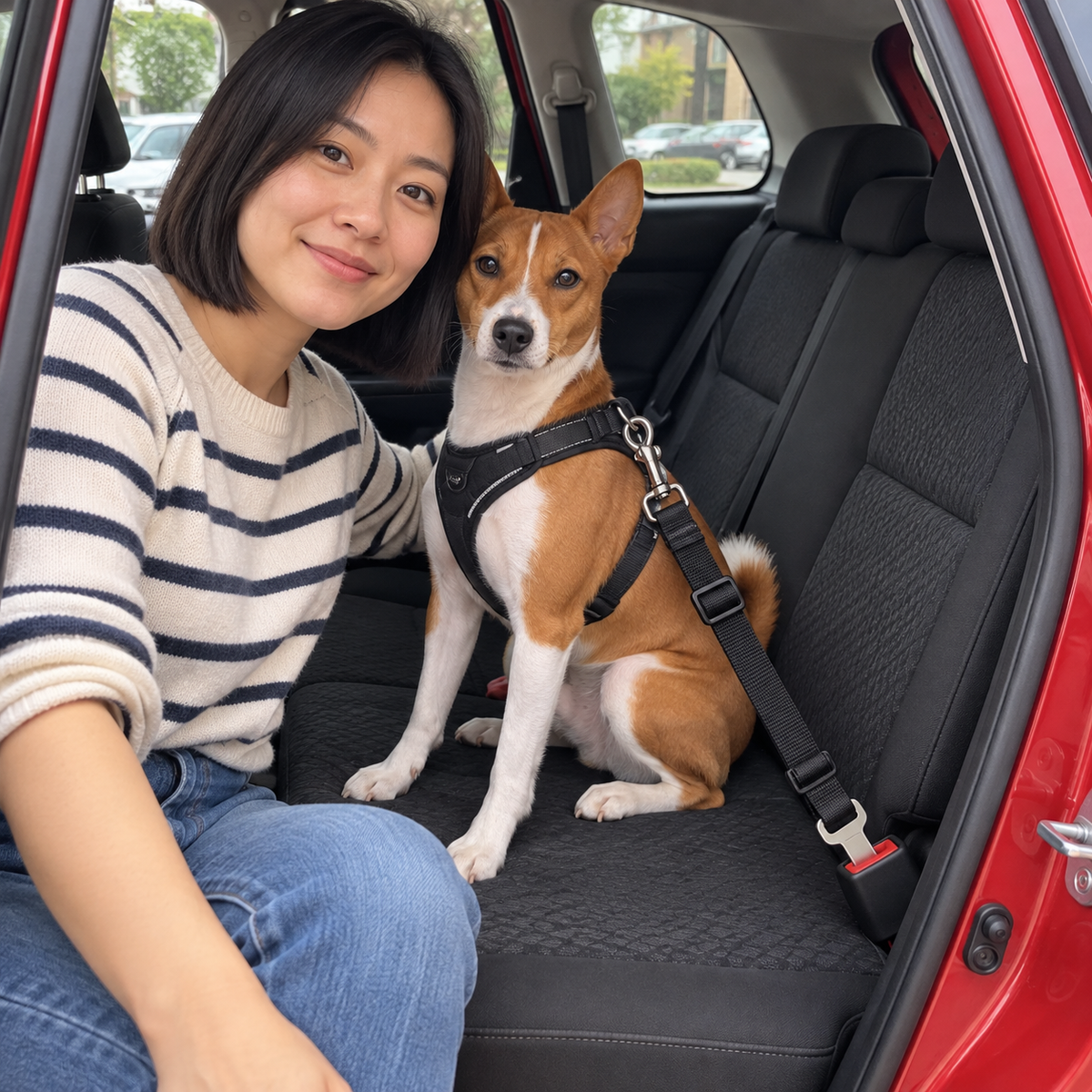 Femme assise à l’arrière de la voiture avec un basenji attaché par la Ceinture de Sécurité Auto