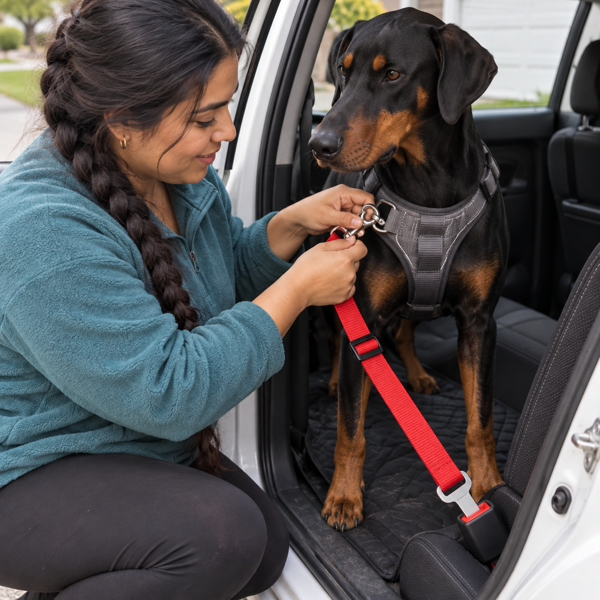 Femme attachant la Ceinture de Sécurité Auto rouge au harnais d’un dobermann