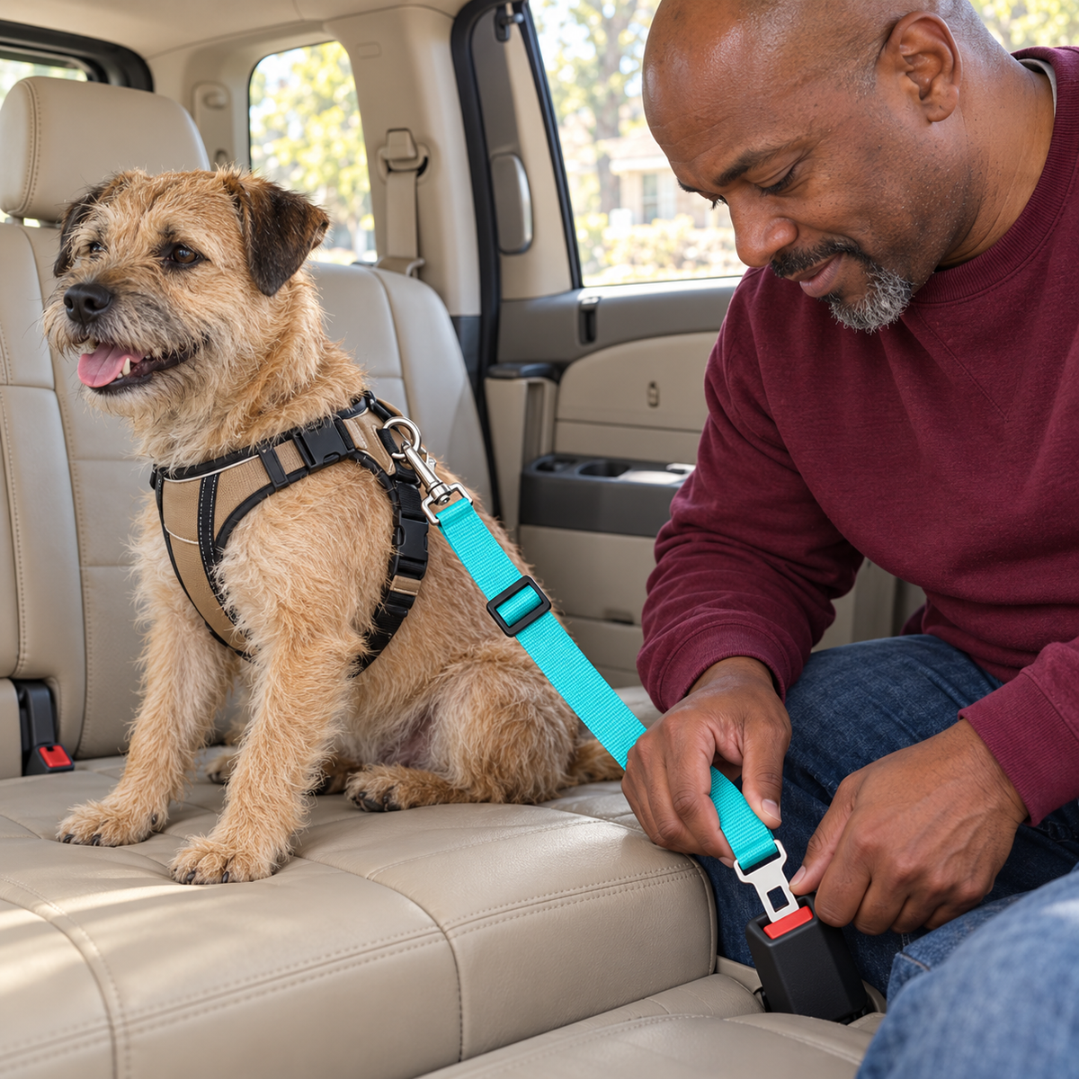 Homme bouclant la Ceinture de Sécurité Auto turquoise d’un terrier