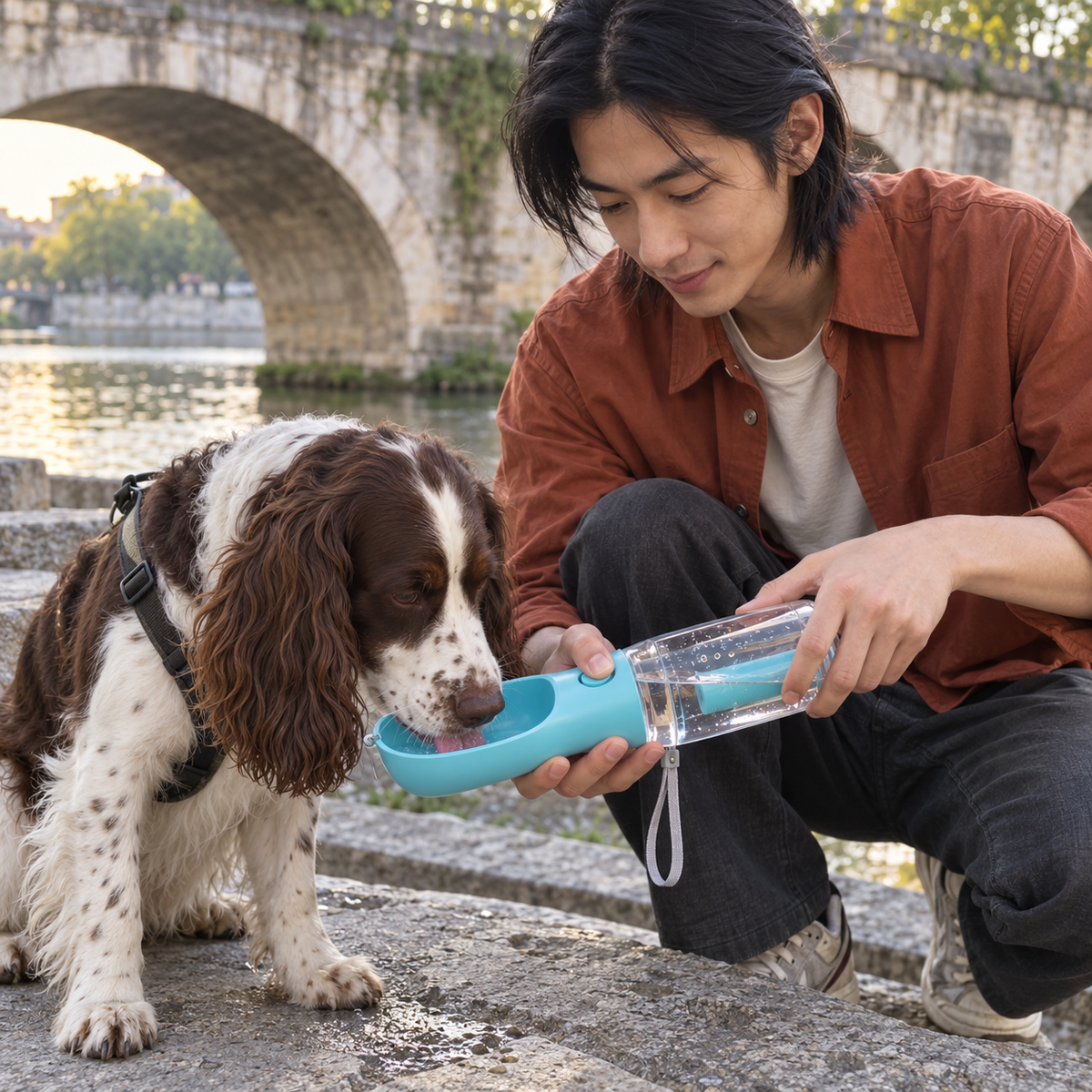 Homme faisant boire un springer avec la Gourde 3-en-1 bleue, au bord de l’eau