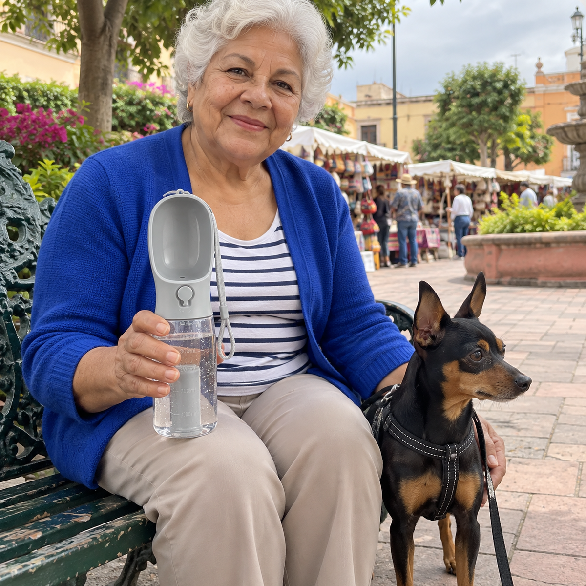 Femme assise sur un banc avec la Gourde 3-en-1 grise et un pinscher nain