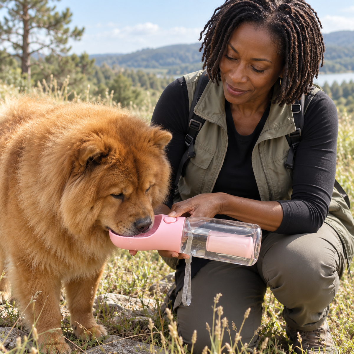 Femme faisant boire un chow-chow avec la Gourde 3-en-1 rose