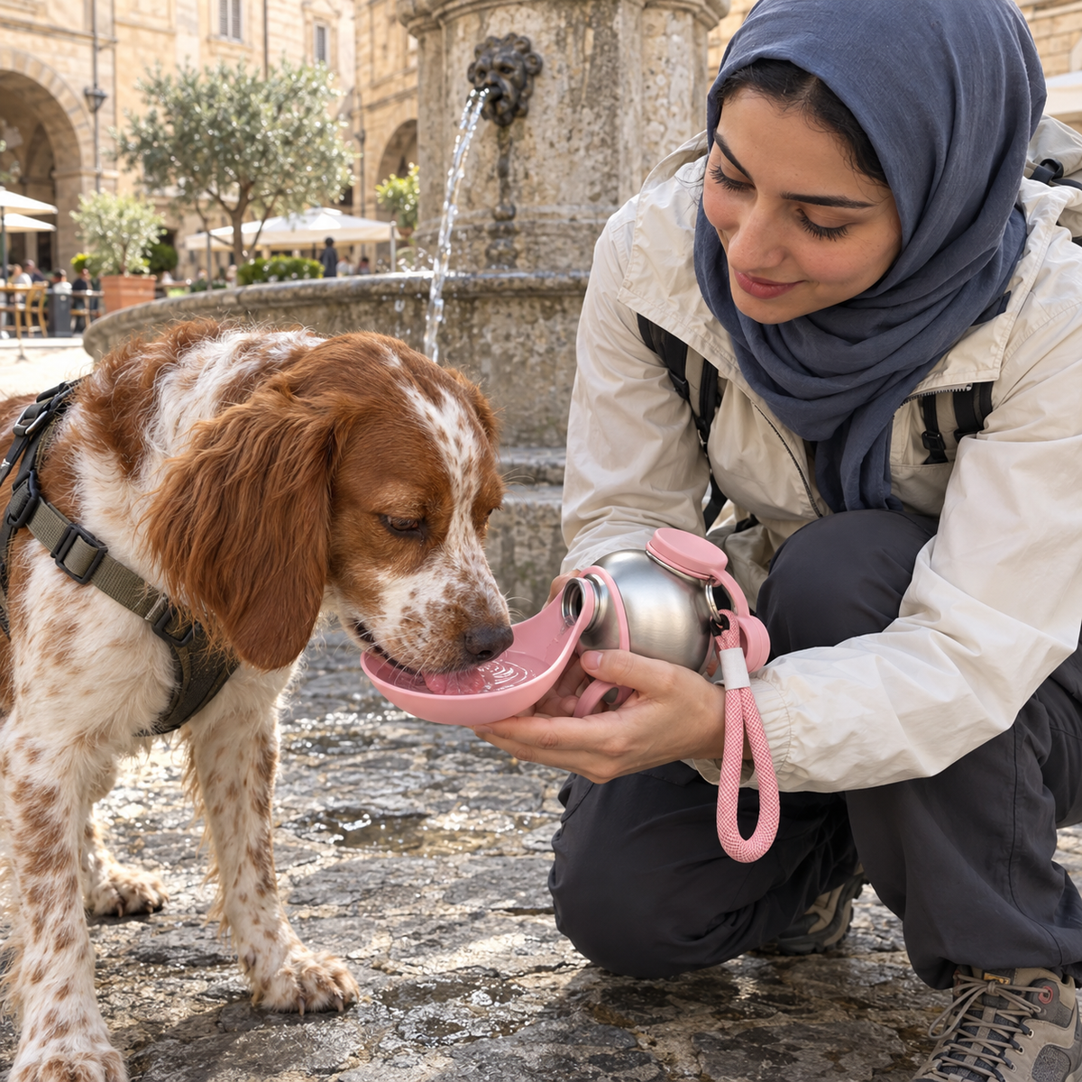 Femme faisant boire un épagneul breton avec la Gourde Nomade rose sakura, près d’une fontaine