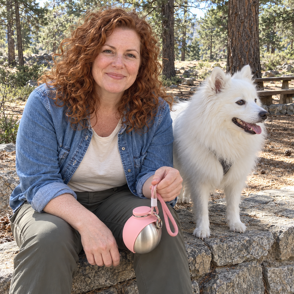 Femme assise avec la Gourde Nomade rose sakura, à côté d’un spitz blanc