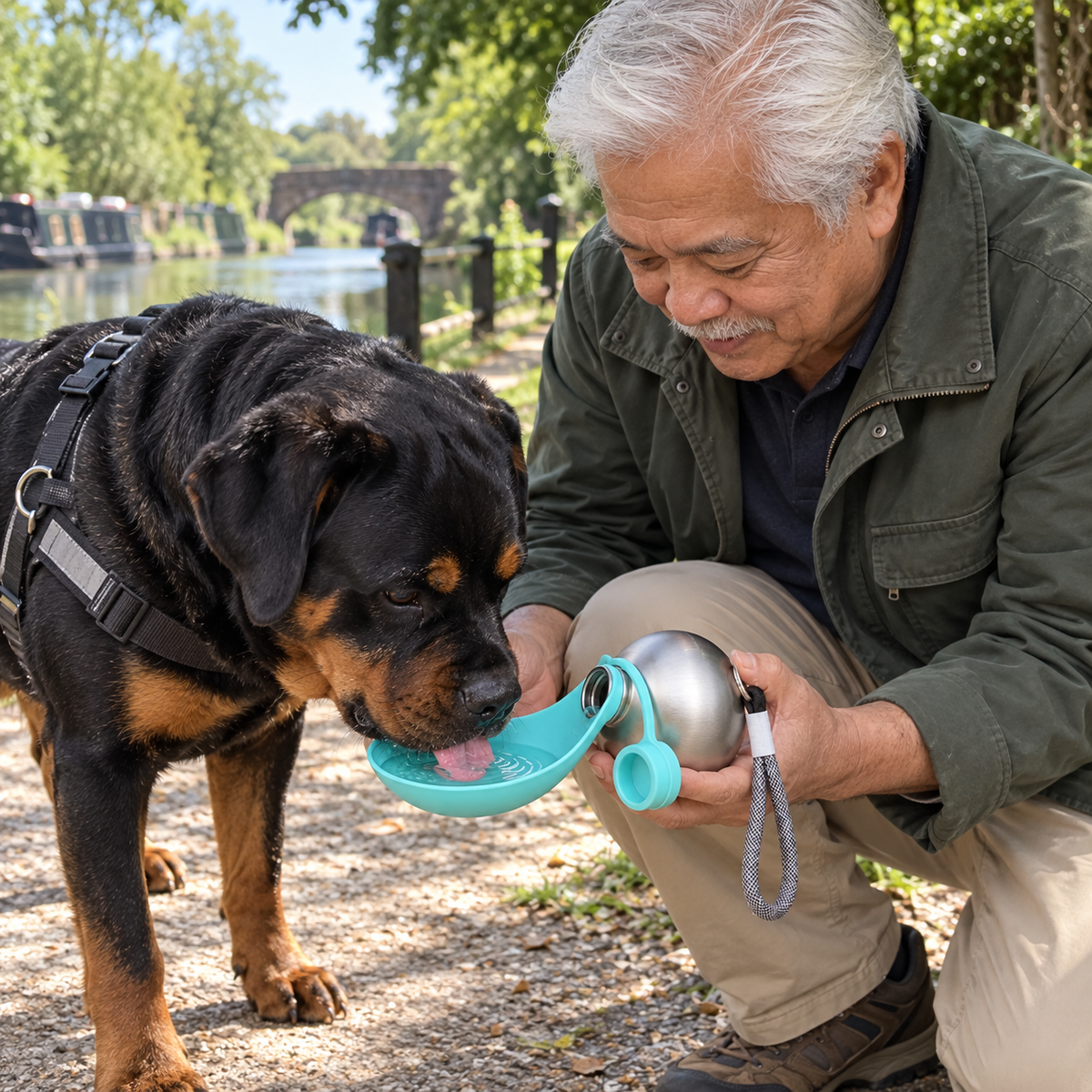 Homme faisant boire un rottweiler avec la Gourde Nomade vert menthe