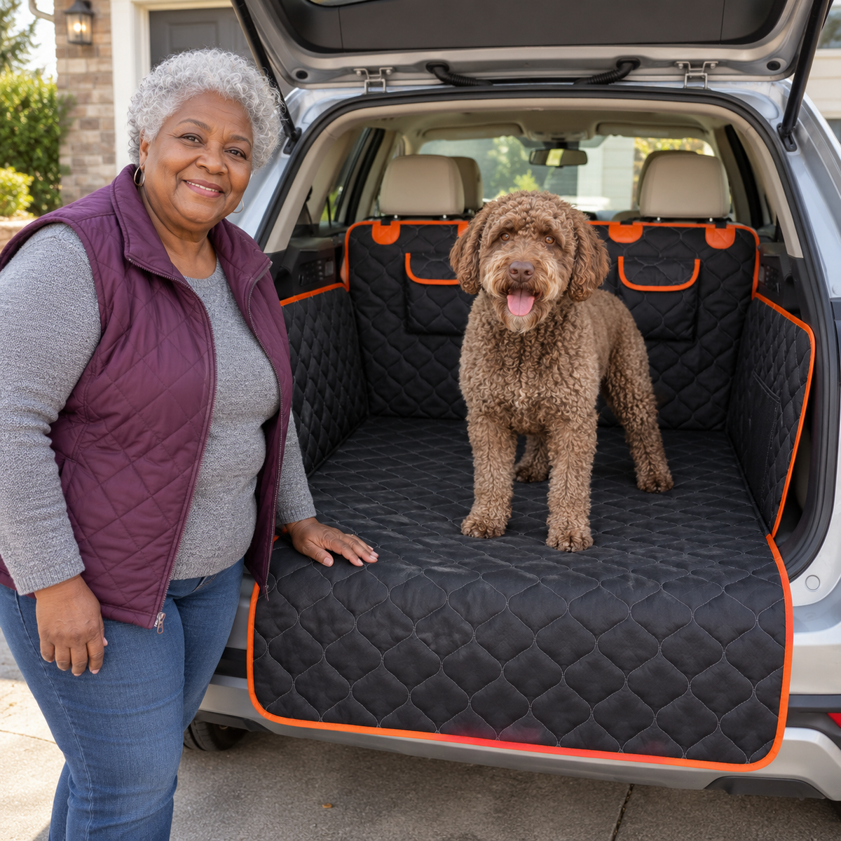 Femme à côté d’un labradoodle debout sur la Housse de Banquette Auto, dans le coffre