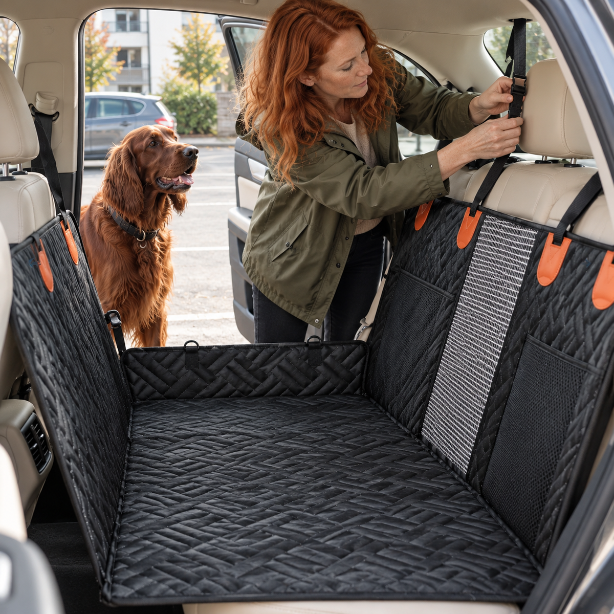 Femme fixant la Housse de Banquette Auto sur la banquette arrière, avec un setter irlandais