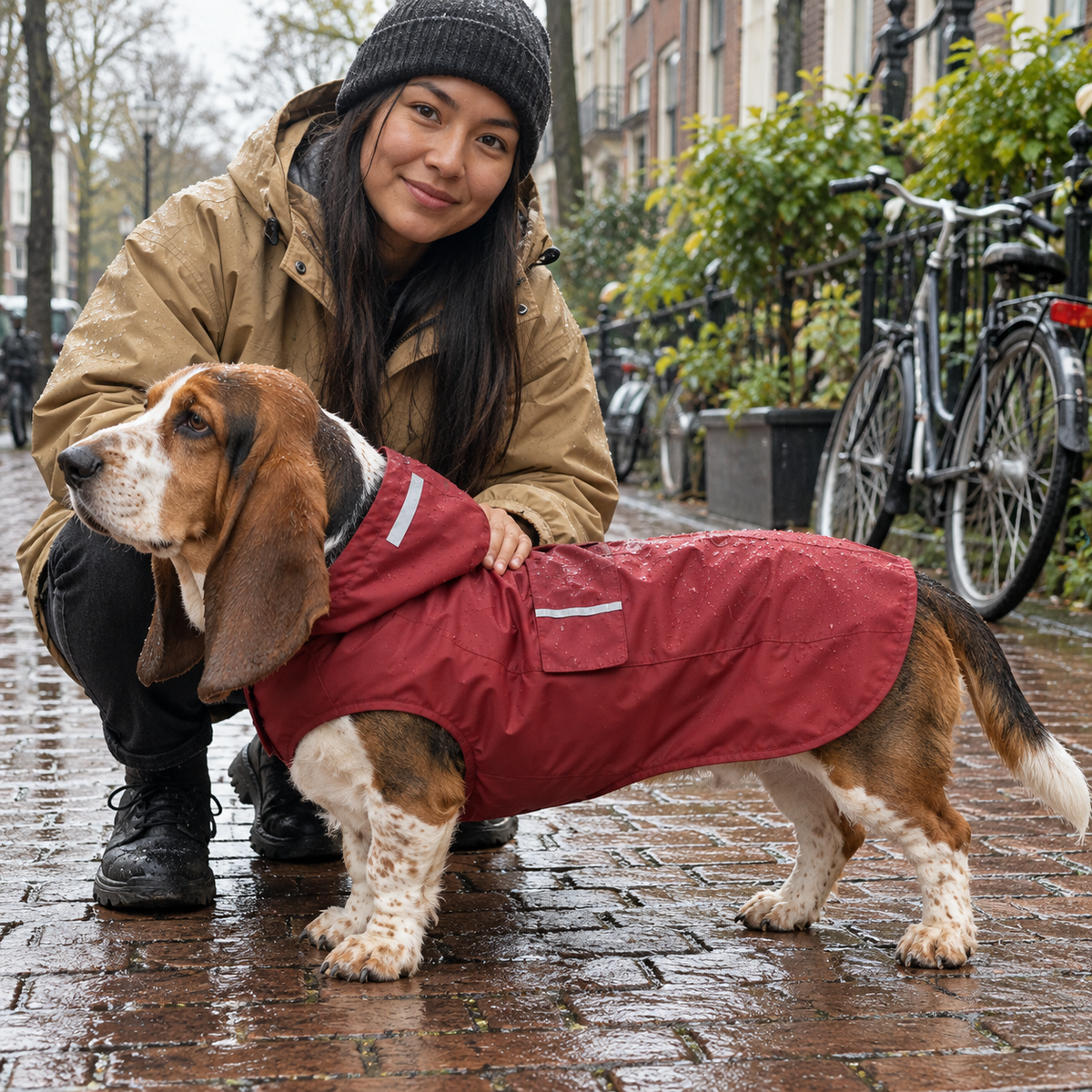Femme accroupie près d’un basset en Imperméable à Capuche rouge bordeaux