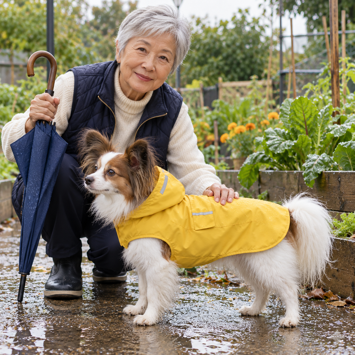 Femme près d’un papillon en Imperméable à Capuche jaune, au potager