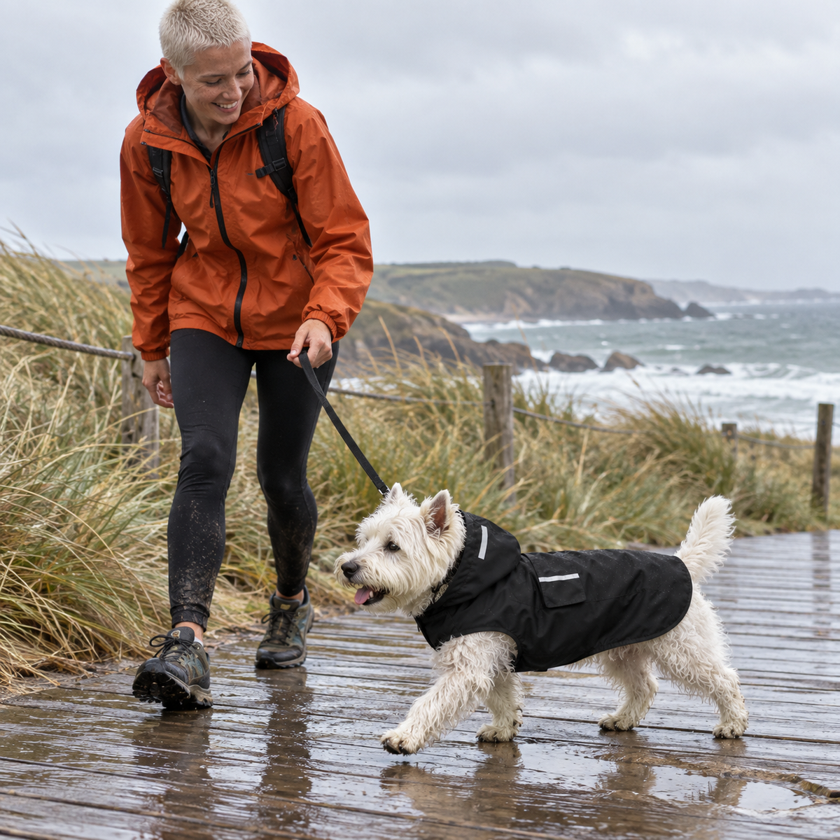 Femme promenant un westie en Imperméable à Capuche noir, sur un sentier côtier