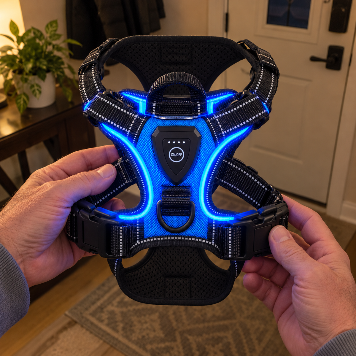 Mains tenant le Harnais Lumineux LED bleu allumé, dans une entrée