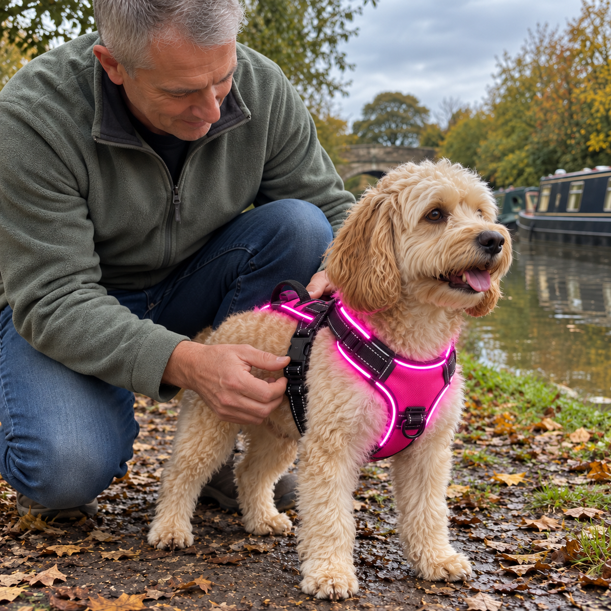 Homme réglant le Harnais Lumineux LED rose d’un cockapoo au bord d’un canal