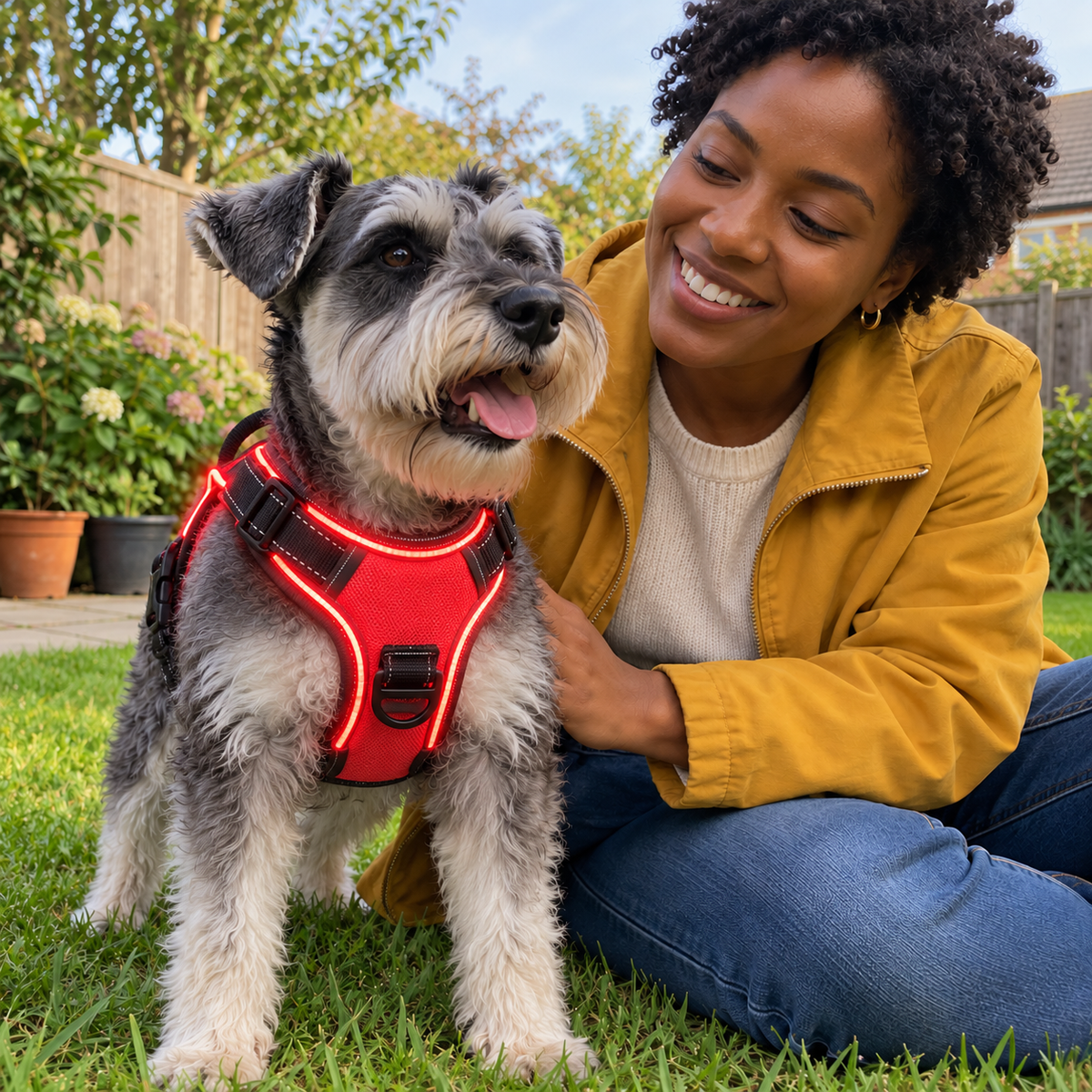 Femme assise dans le jardin avec un schnauzer portant le Harnais Lumineux LED rouge