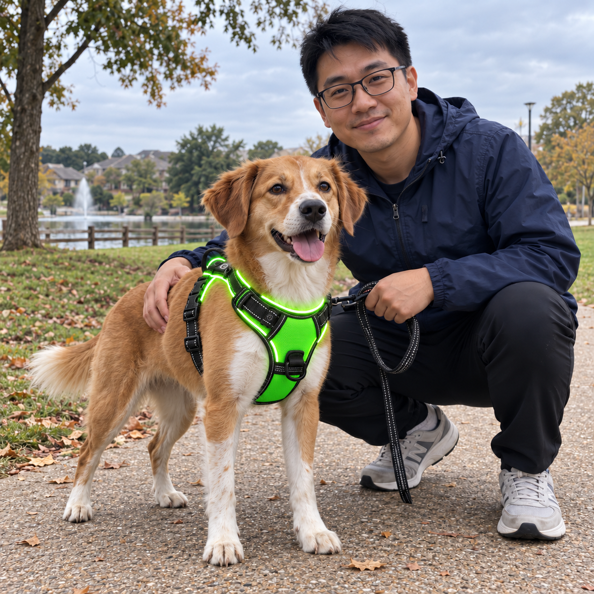 Homme accroupi au parc à côté de son chien portant le Harnais Lumineux LED vert