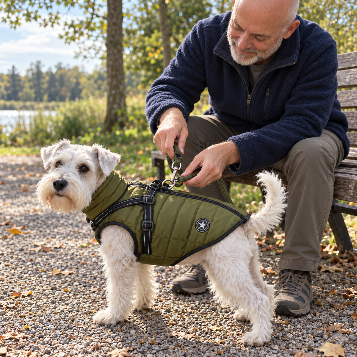 Homme sur un banc accrochant la laisse au Manteau à Harnais Intégré vert olive d’un terrier blanc