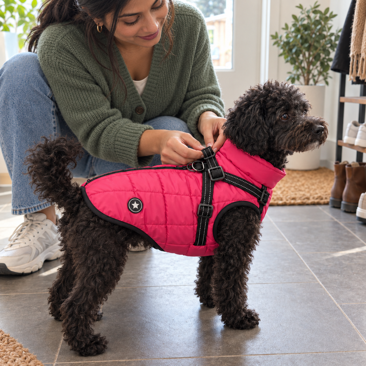 Femme réglant les sangles du Manteau à Harnais Intégré rose d’un caniche noir, dans l’entrée