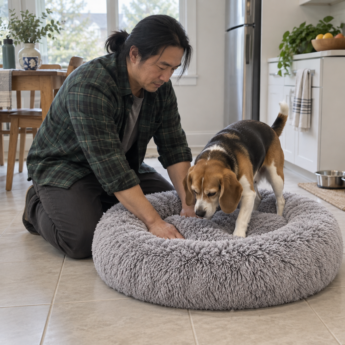 Client installant le Panier Donut gris pour son beagle dans la cuisine