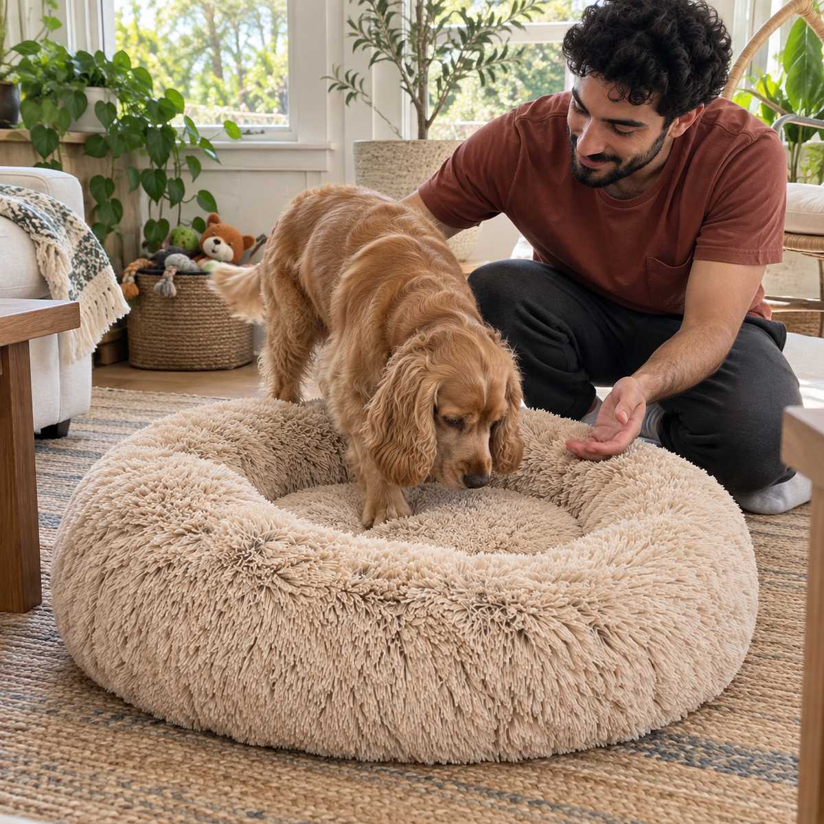 Homme invitant un cocker à découvrir le Panier Donut beige