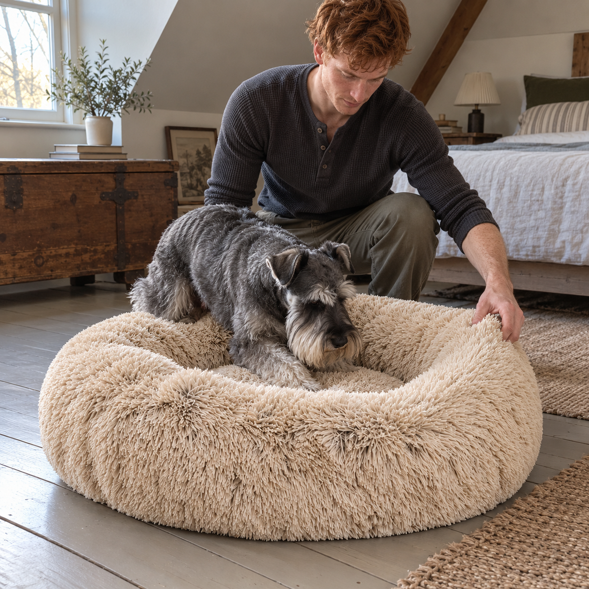 Homme installant un schnauzer dans le Panier Donut beige