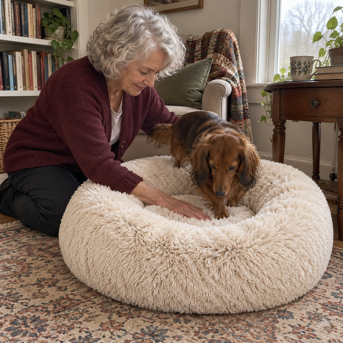 Femme installant un teckel dans le Panier Donut beige