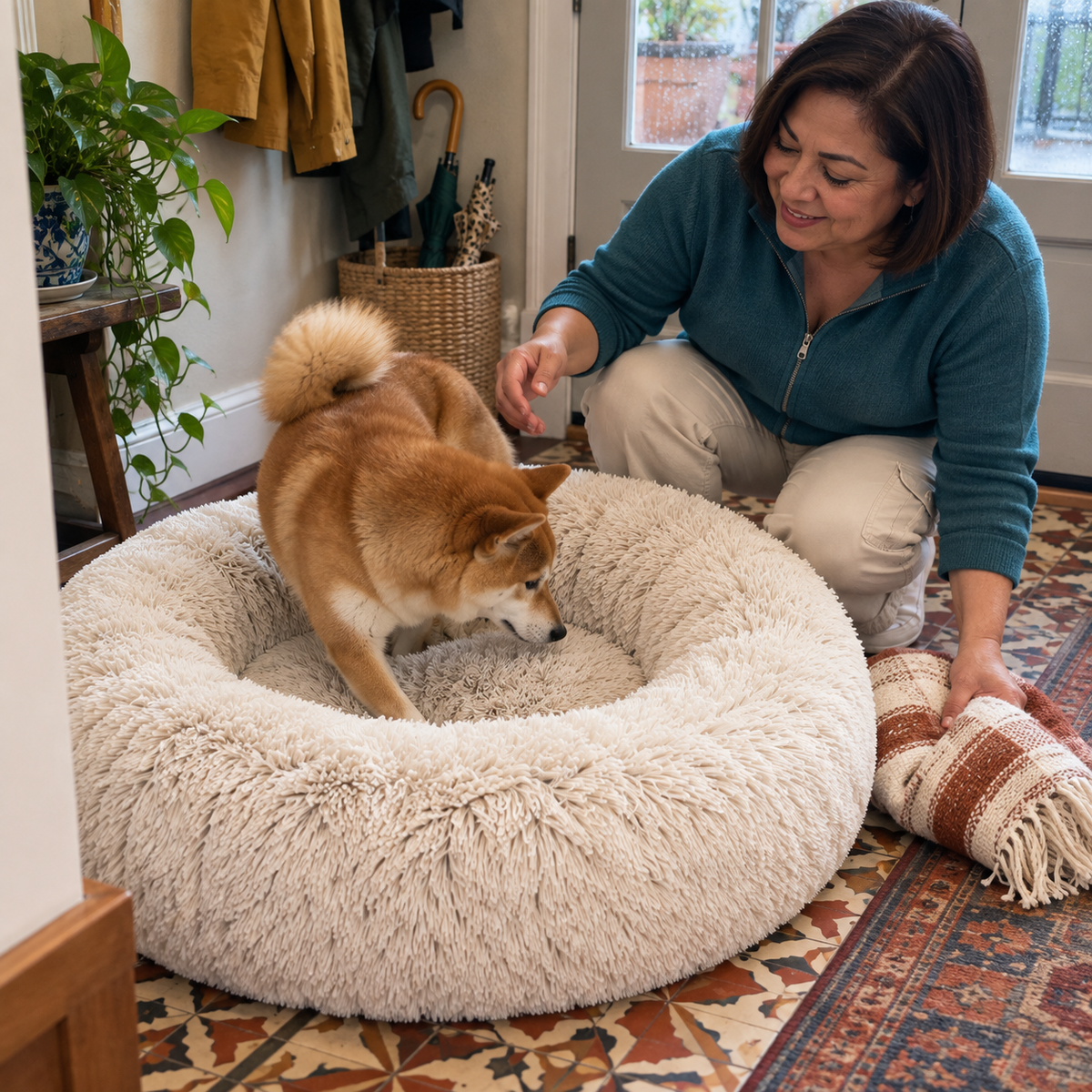 Femme regardant un shiba découvrir le Panier Donut blanc