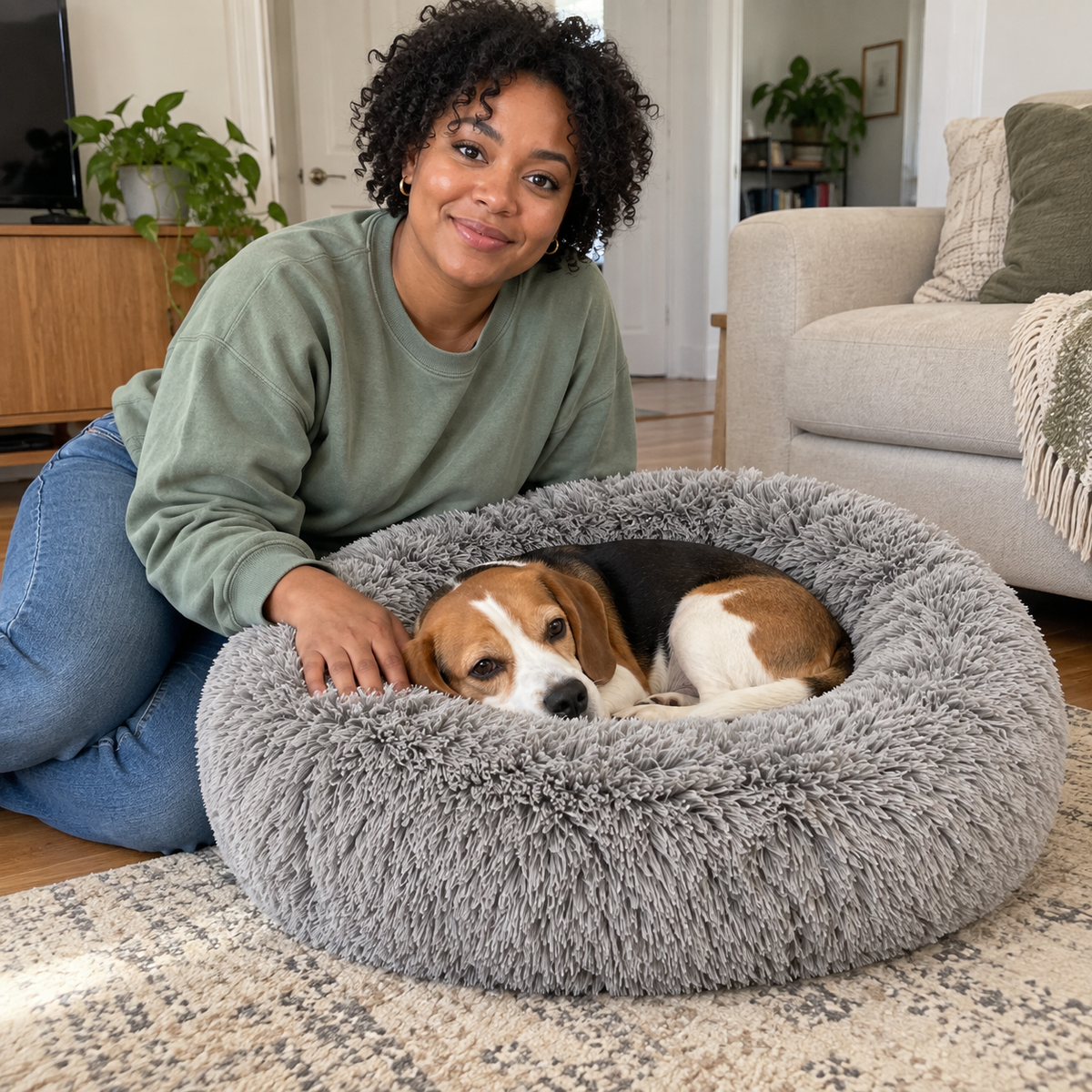 Femme assise près d’un beagle couché dans le Panier Donut gris