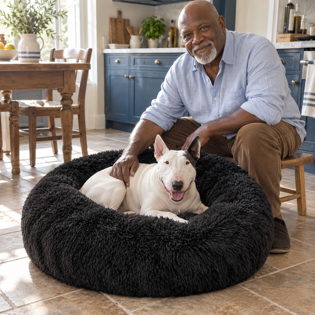 Homme près d’un bull terrier couché dans le Panier Donut noir, dans la cuisine