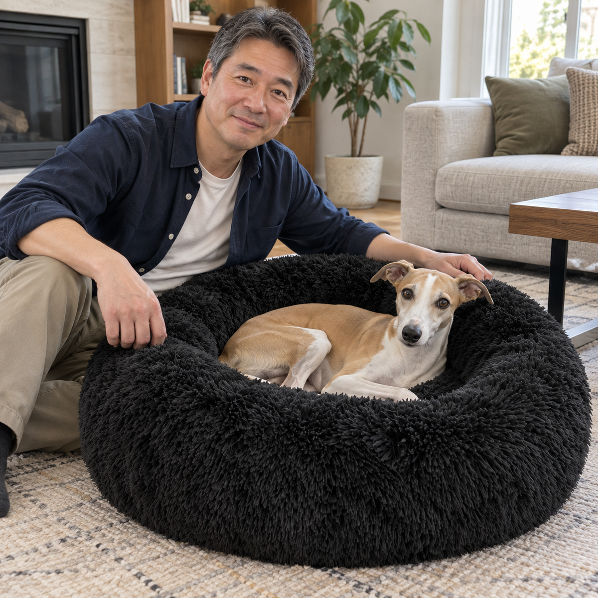 Homme assis près d’un whippet couché dans le Panier Donut noir