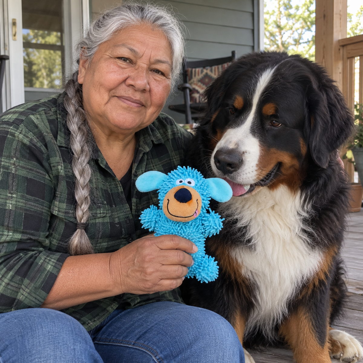 Femme tenant la Peluche Chenille bleue à côté d’un bouvier bernois
