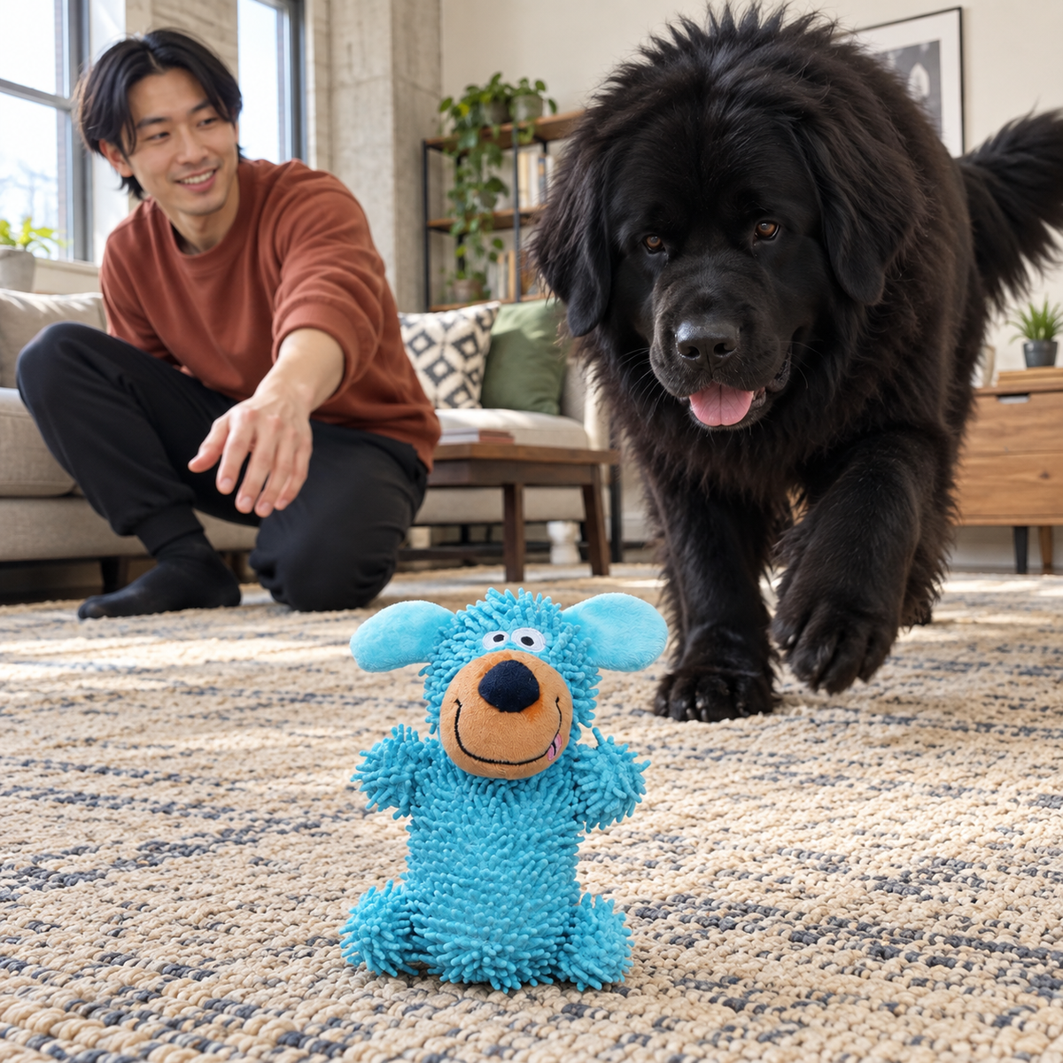 Homme lançant la Peluche Chenille bleue à un terre-neuve