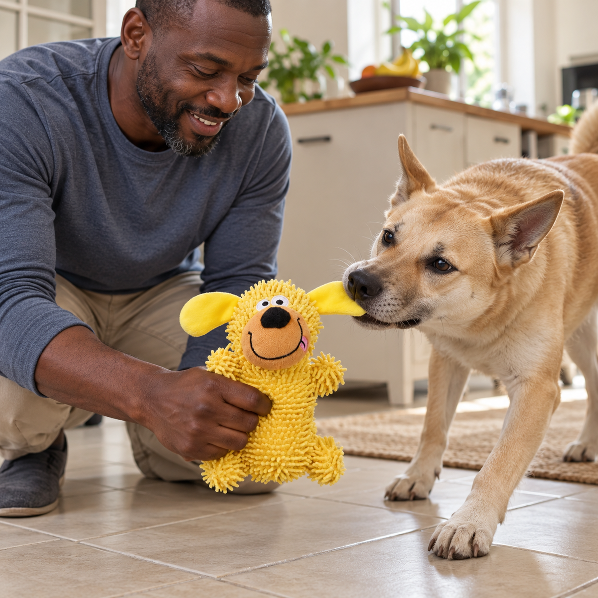 Homme jouant à tirer la Peluche Chenille jaune avec un chien, dans la cuisine