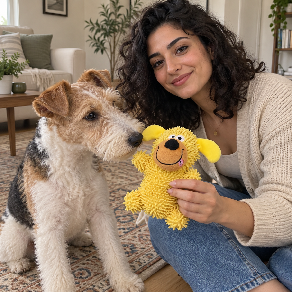 Femme tendant la Peluche Chenille jaune à un fox-terrier