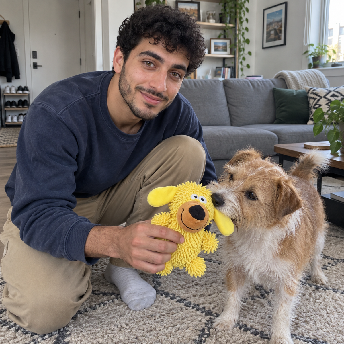 Client et son terrier avec la Peluche Chenille jaune dans le salon
