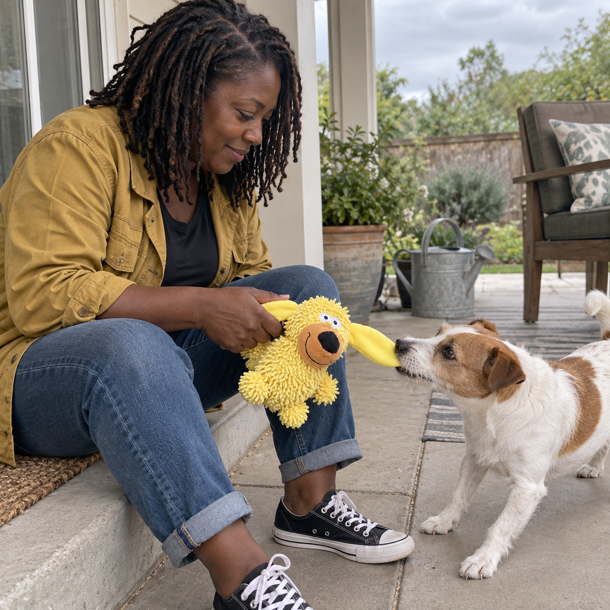 Cliente jouant avec son Jack Russell et la Peluche Chenille jaune sur la terrasse