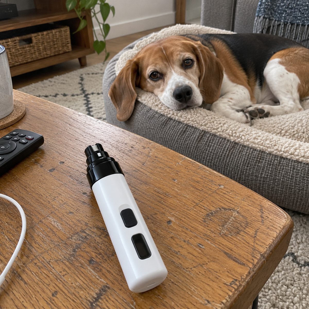 Ponceuse posée sur une table basse, un beagle détendu dans son panier derrière
