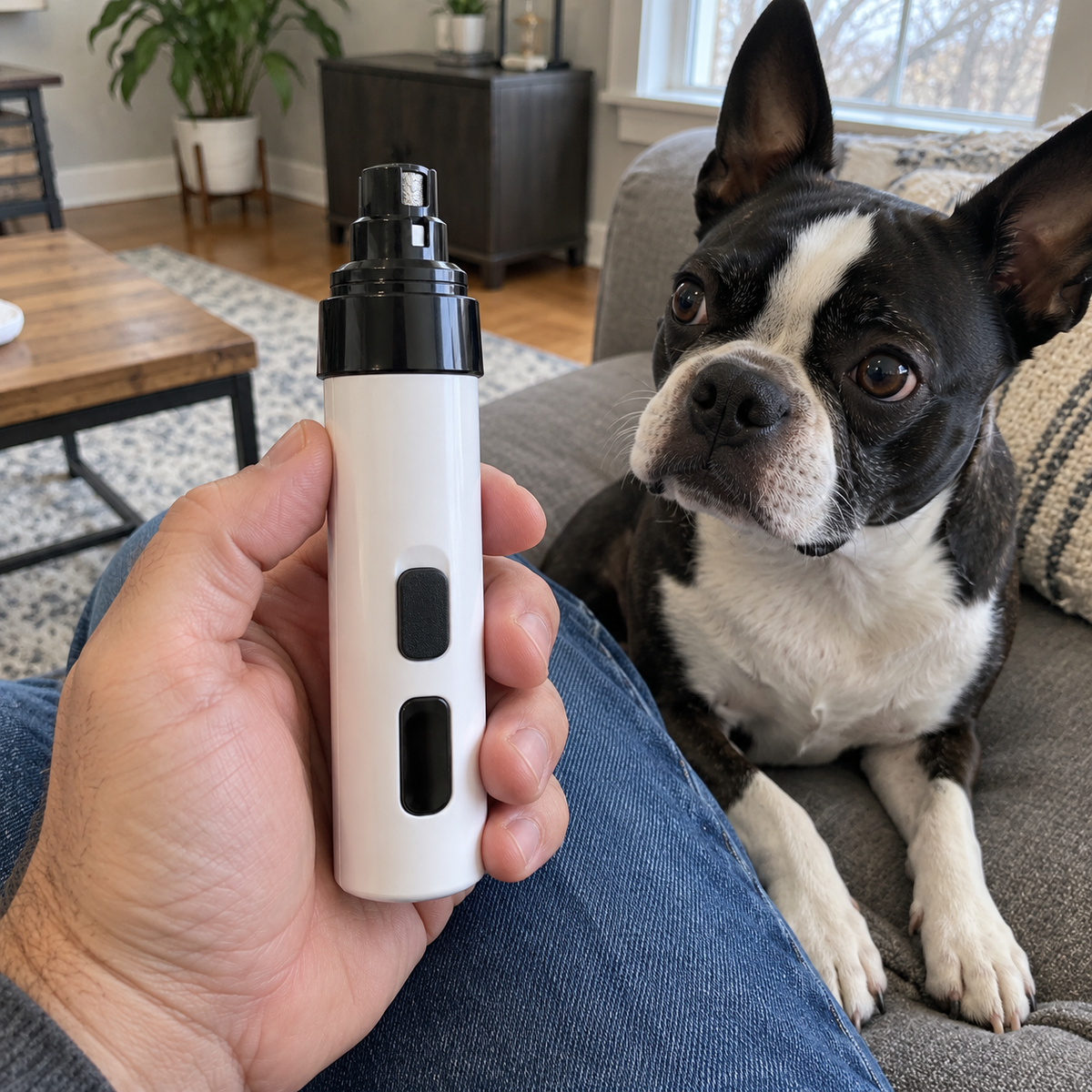 Main tenant la ponceuse devant un boston terrier curieux sur le canapé