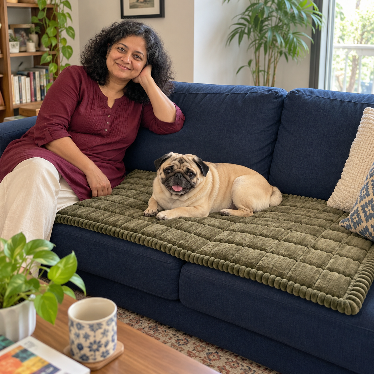 Femme sur un canapé bleu, à côté d’un carlin couché sur le Protège-Canapé Matelassé kaki