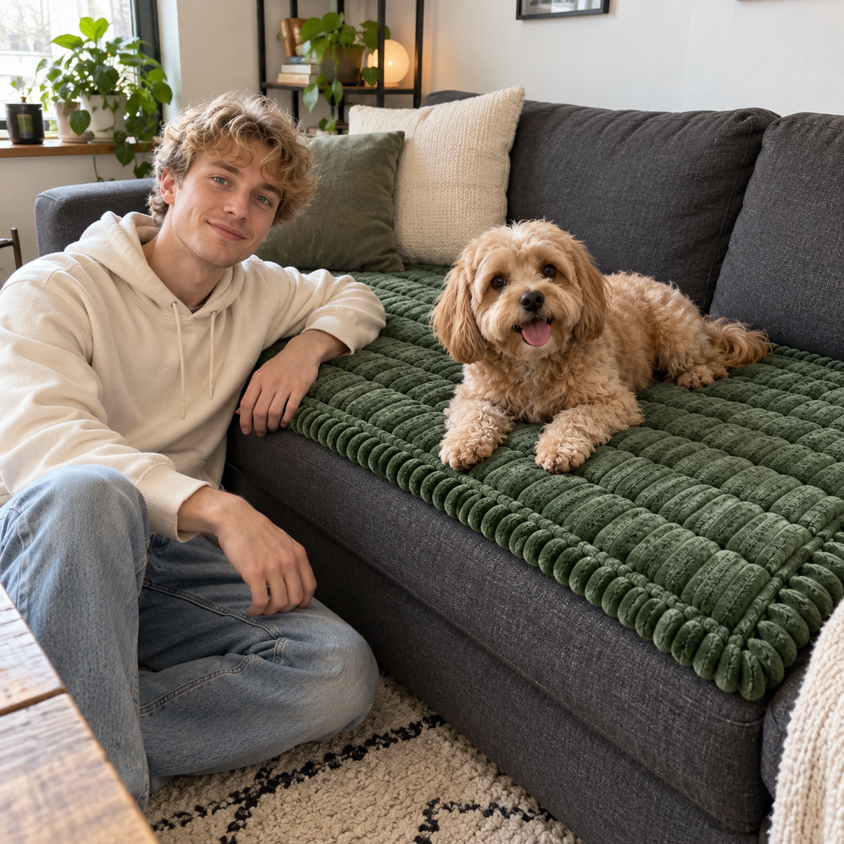 Jeune homme assis près d’un cavapoo couché sur le Protège-Canapé Matelassé vert sapin