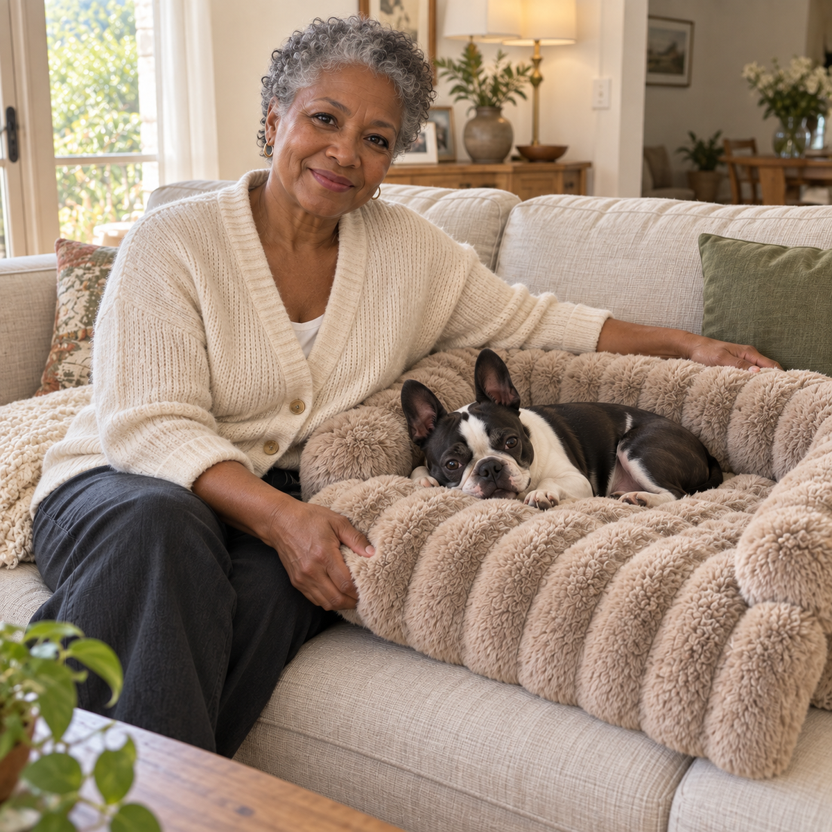 Cliente sur son canapé avec son bouledogue sur le Tapis Fourrure beige
