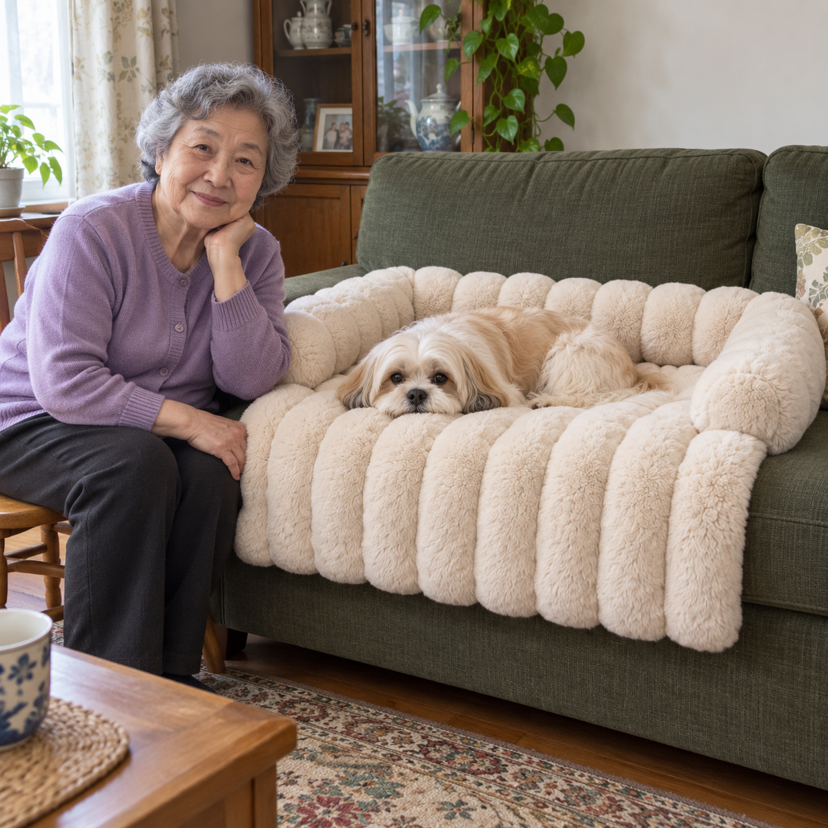 Femme assise près d’un petit chien couché sur le Tapis Fourrure blanc, sur un canapé vert