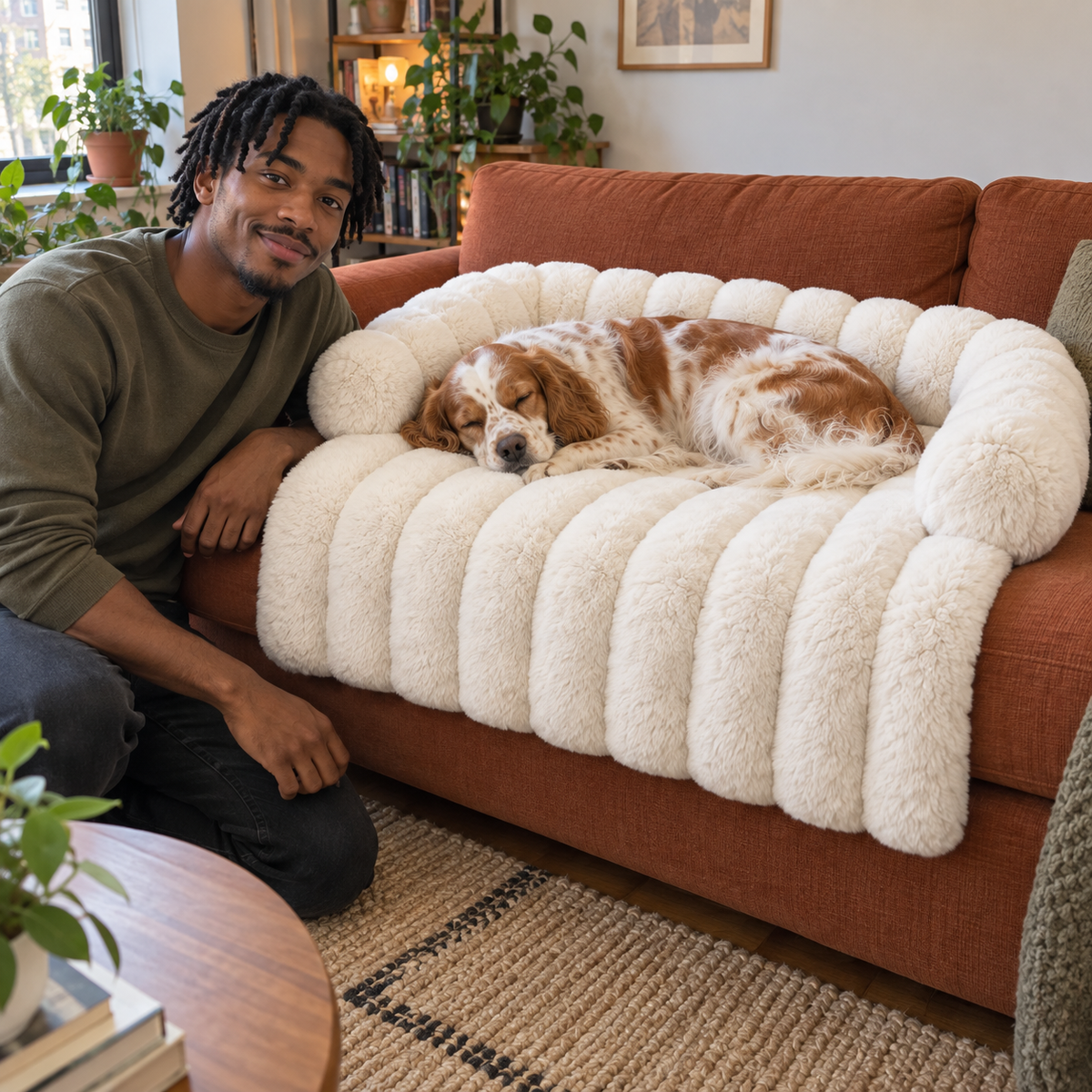 Homme assis à côté d’un cavalier king charles endormi sur le Tapis Fourrure blanc