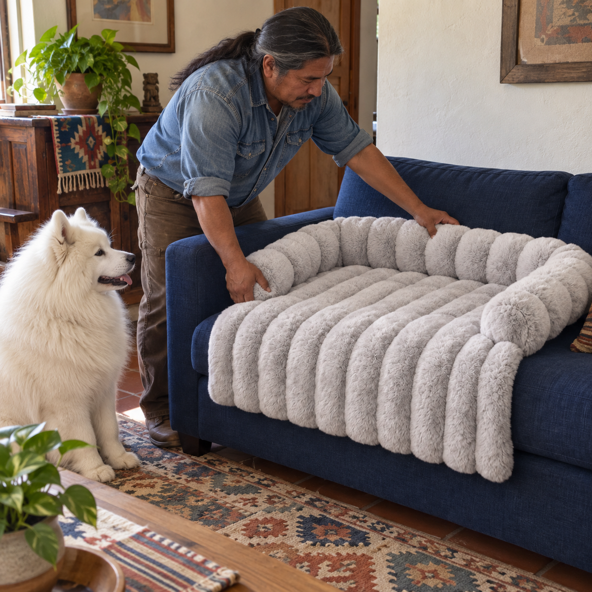 Homme installant le Tapis Fourrure gris clair sur un canapé bleu, à côté d’un spitz blanc