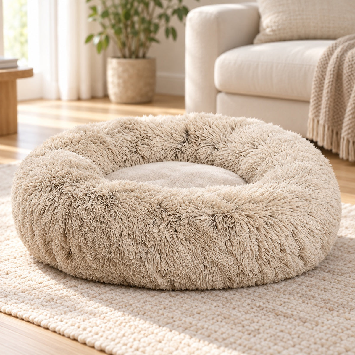 Panier donut beige posé sur un tapis tressé dans un salon lumineux