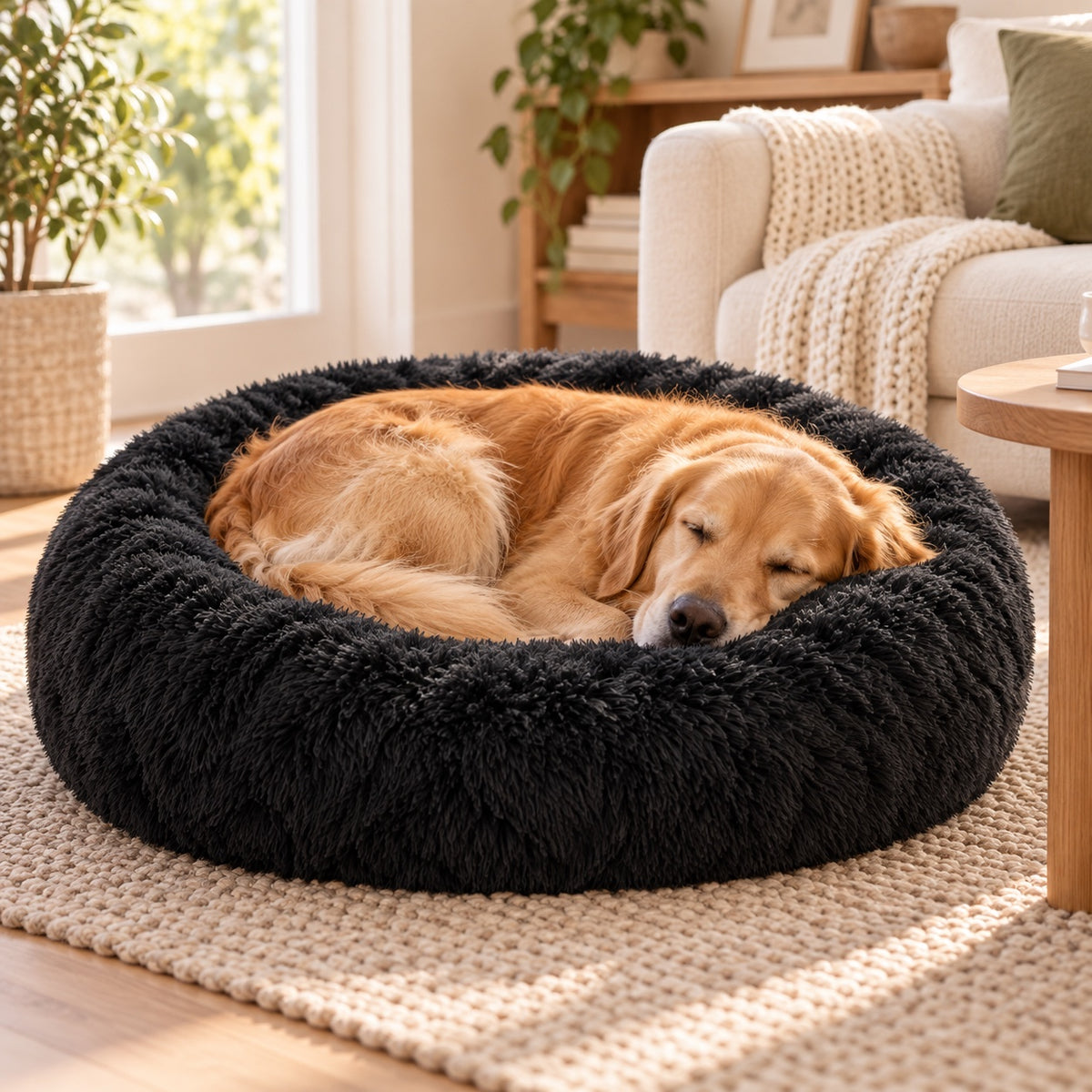 Golden retriever endormi en boule dans le panier donut noir